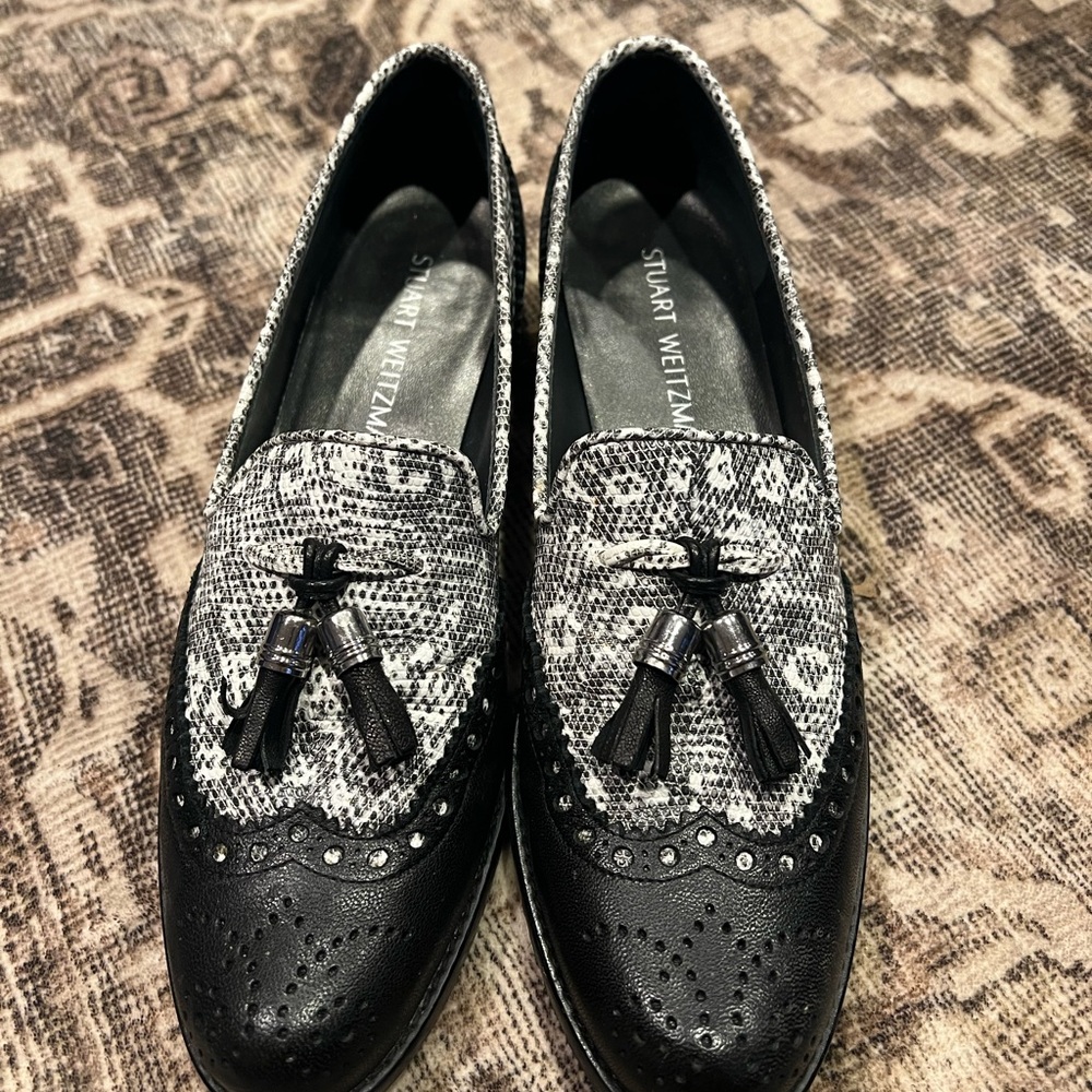 Stuart Weitzman Black and White Tassel Loafers